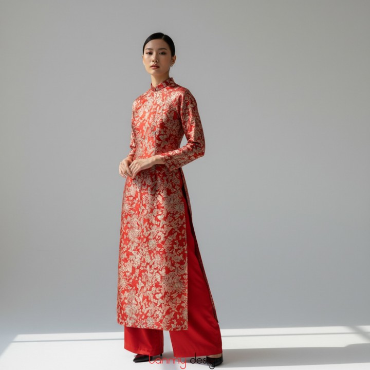 Red brocade long dress